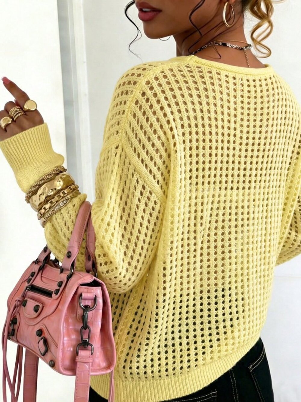 Yellow Y2K Casual Women's Hollow V-Neck Knit Sweater Top - Picture 6 of 7